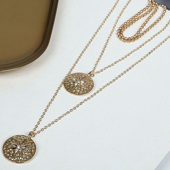 Dainty Round Pendant Layered Chain Necklace Gold - Picture 3 of 6